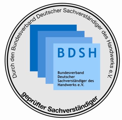 Logo des BDSH mit drei blauen Rechtecken und dem Schriftzug "geprüfter Sachverständiger".